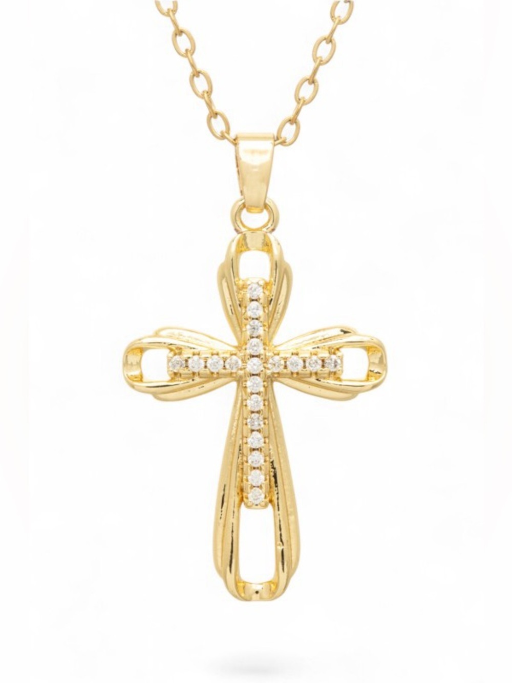 Gold CZ Cross Pendant Necklace 14K Gold Plated Dainty Faith Jewelry 16” + Ext